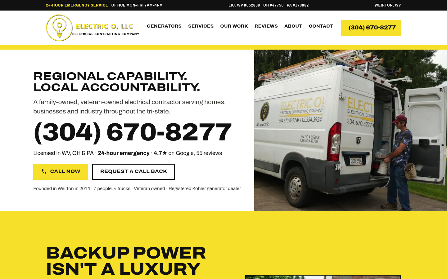Electric O website homepage with the company phone number, a call now button and a technician at a branded work van