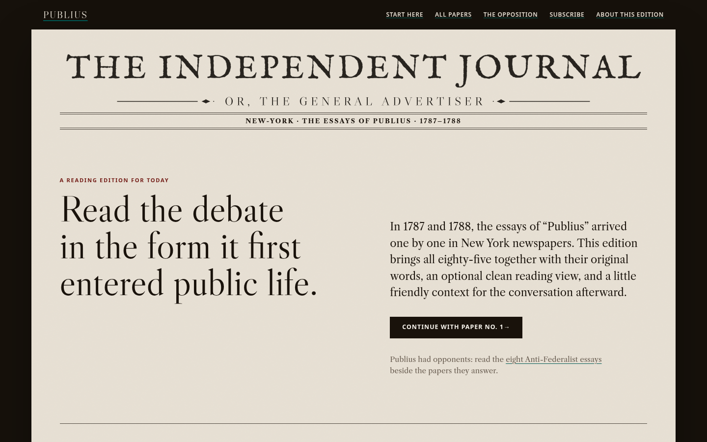 Federalist Reader homepage styled as The Independent Journal newspaper, introducing a reading edition of the essays of Publius