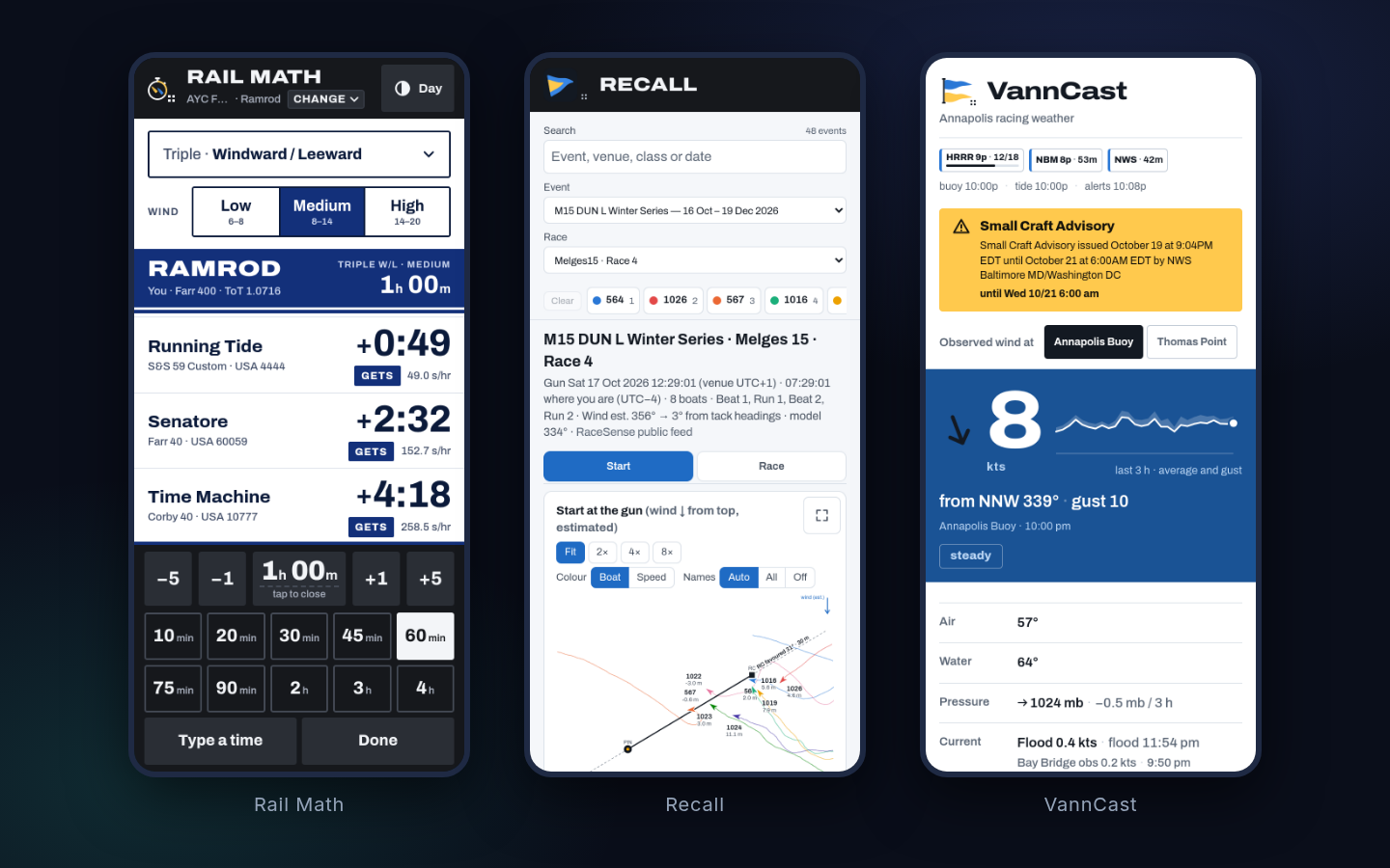 Three sailing race apps on phone screens: Rail Math showing corrected time owed to rival boats, Recall replaying a race start with boat tracks, and VannCast showing live wind, tide and weather